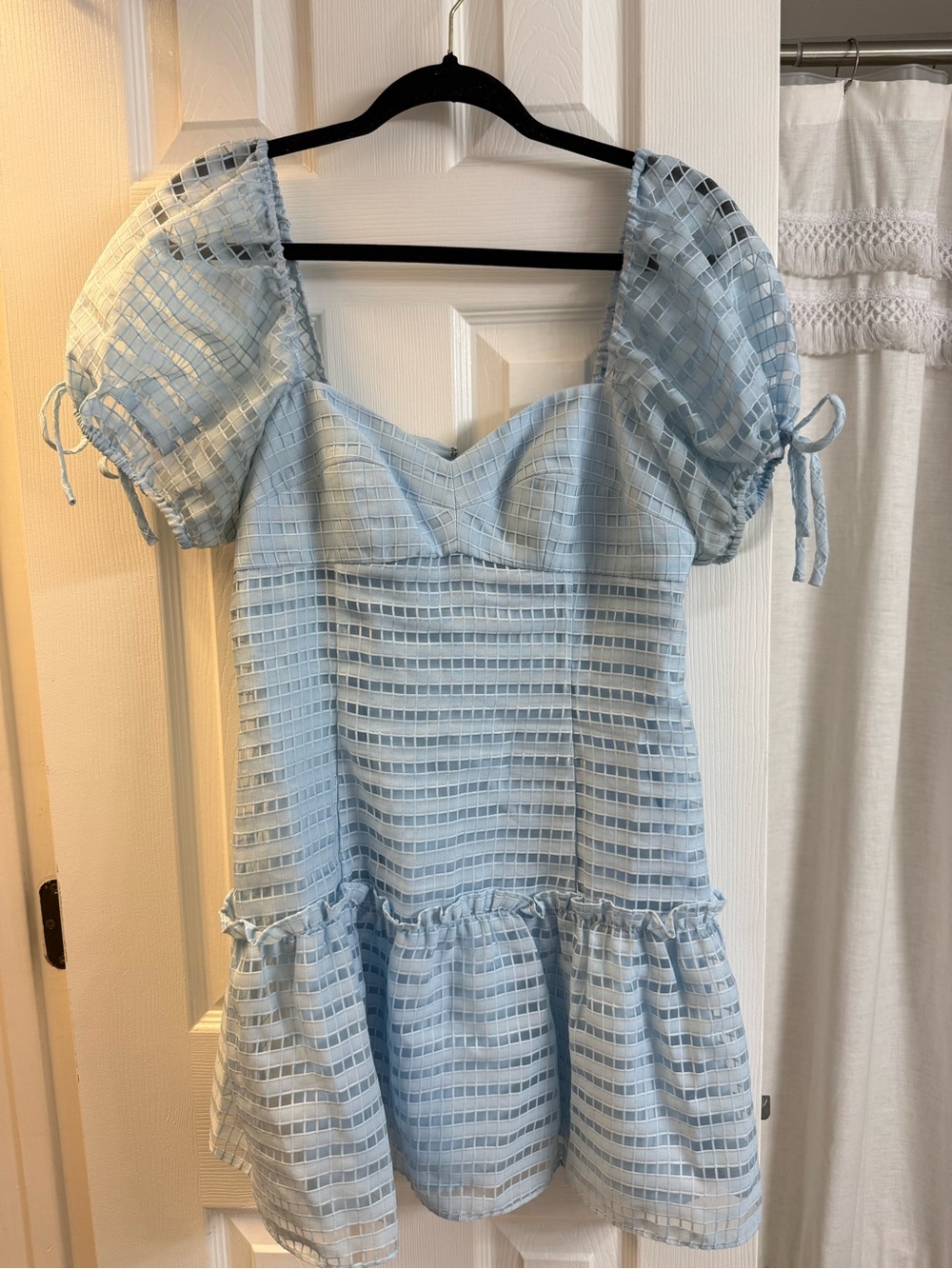 Amanda Uprichard Light Blue Puff Sleeve Tiered Mini Dress